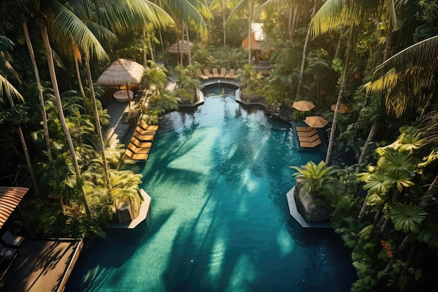 Vista della piscina e dei lettini nel resort nella giungla tropicale Creazione di un ambiente sereno e rilassante circondato dalla natura Bali Indonesia