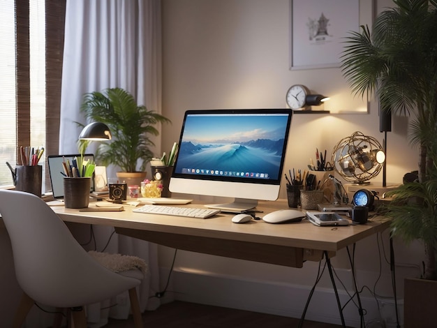 Vista della scrivania con computer e decorazioni