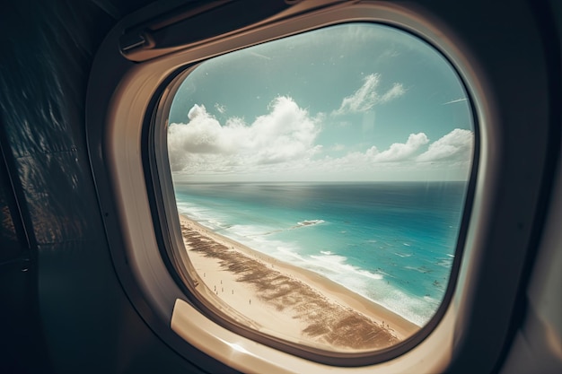 Vista della spiaggia e del mare il finestrino dell'aereo Concetto di viaggio e turismo IA generativa