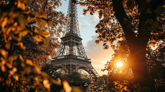 Vista della Torre Eiffel da dietro gli alberi