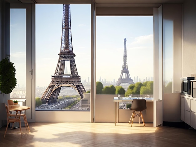 Vista della Torre Eiffel da un appartamento moderno splendidamente realizzato con l'IA generativa