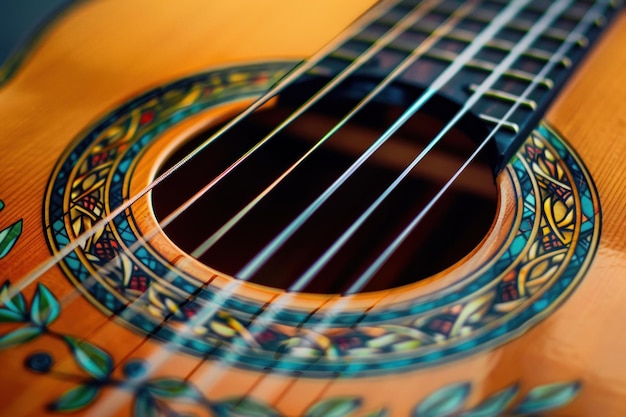 vista delle corde della chitarra e del buco del suono