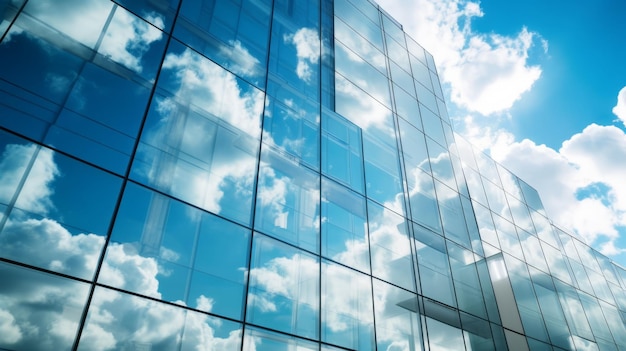 Vista delle nuvole riflesse nell'edificio per uffici in vetro curvo