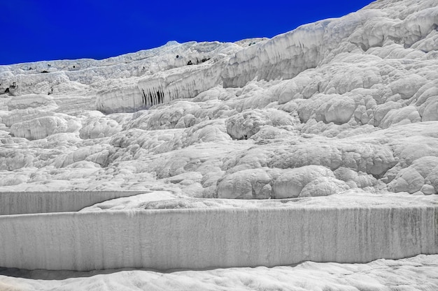 Vista delle piscine naturali di travertino e terrazze a Pamukkale in un giorno d'estate Trama di un primo piano muro bianco