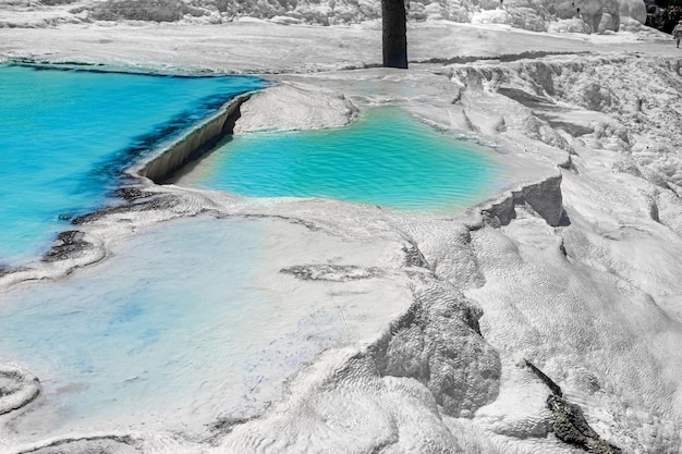 Vista delle terrazze naturali a pamukkale in un giorno d'estate texture di primo piano di calcare e acqua che scorre