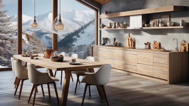 Vista dello spazio della cucina e della sala da pranzo in un chalet in montagna in stile scandinavo