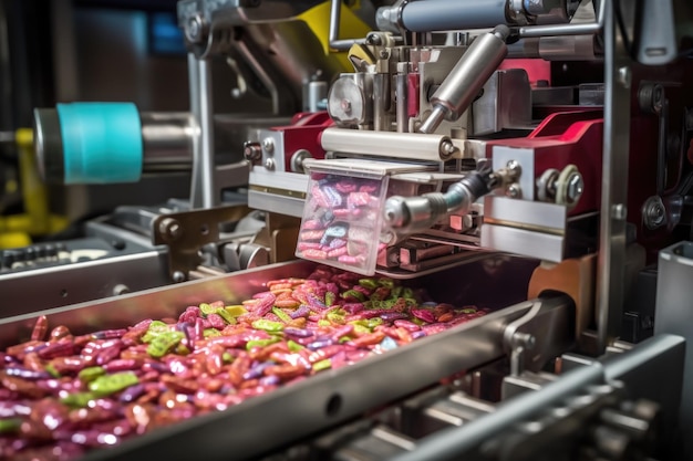 Vista dettagliata della macchina confezionatrice di caramelle in azione creata con l'IA generativa