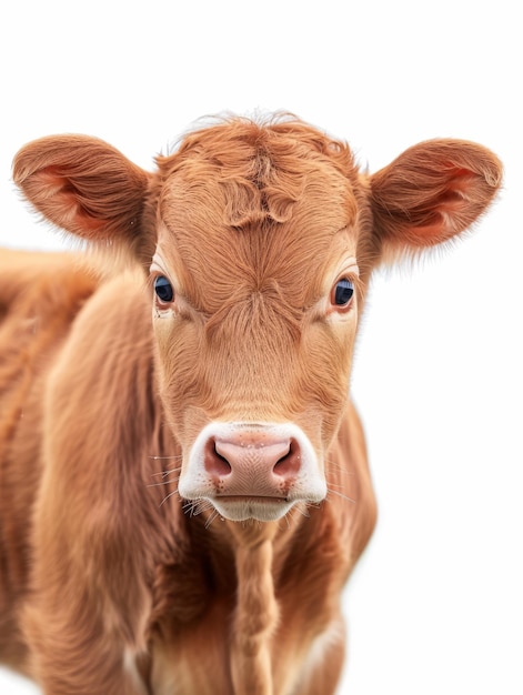 Vista dettagliata di un giovane viso di mucca marrone con occhi espressivi e naso rosa su uno sfondo bianco