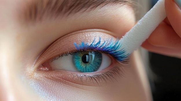 Vista dettagliata di un occhio di una persona con eyeliner blu e verde che mostra estensioni delle ciglia e applicazione di trucco in un salone di bellezza