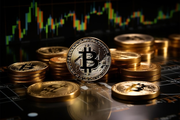 Vista dettagliata Moneta bitcoin dorata su sfondo nero con grafico commerciale