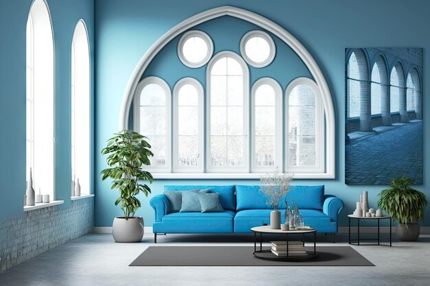 Vista di belle finestre ad arco blu con grande arco nel muro
