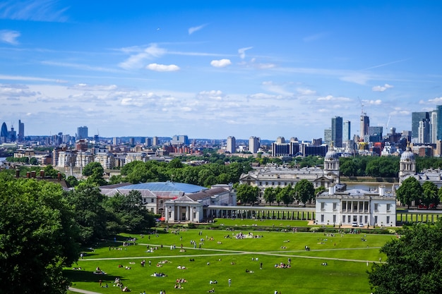 Vista di Canary Wharf da Greenwich Park, Londra, Regno Unito