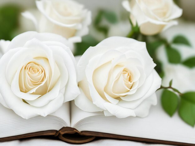 Vista di delicate rose bianche con libro ai generato