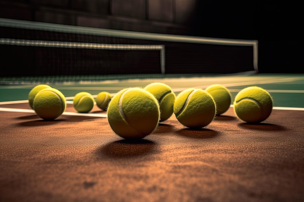 Vista di diverse palline da tennis su un campo