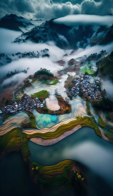 Vista di grande corpo idrico con piccola isola nel mezzo ai generativo