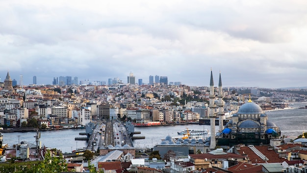 Vista di Istanbul a tempo nuvoloso, stretto del Bosforo che divide la città in due parti, più edifici, nuova moschea e ponte con automobili, Turchia