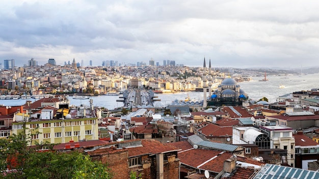 Vista di Istanbul a tempo nuvoloso, stretto del Bosforo che divide la città in due parti, più edifici, nuova moschea e ponte con automobili, Turchia