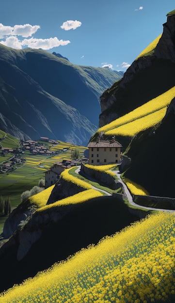 Vista di montagna di una casa in montagna con strada generativa ai