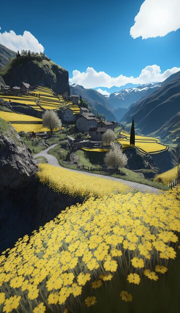 Vista di montagna di una catena montuosa con fiori gialli e strada generativa ai