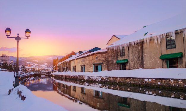 Vista di Otaru Canel in stagione invernale con il tramonto, Hokkaido - Giappone.