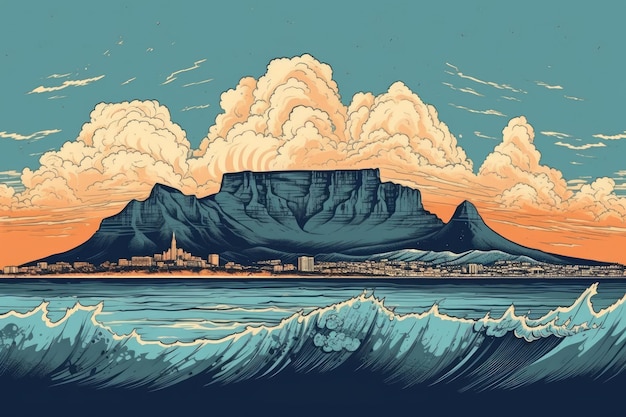 Vista di Table Mountain a Città del Capo stile disegno stile disegno a mano vintage poster illustrazione