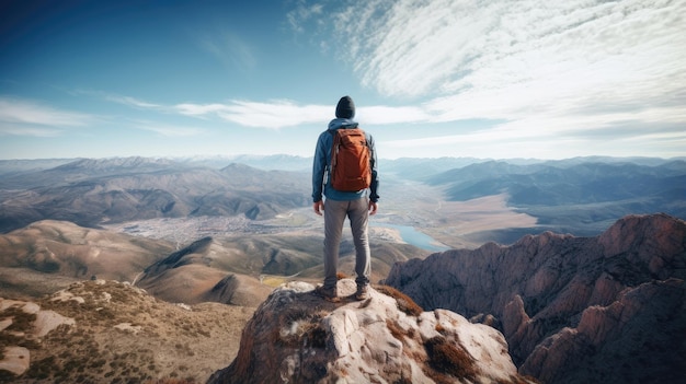 Vista di tutto il corpo di un escursionista maschio da dietro in piedi sulla cima di una montagna con una vista spettacolare