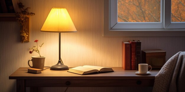 Vista di un accogliente angolo lettura con una lampada da tavolo che diffonde una luce calda. Intelligenza artificiale generativa