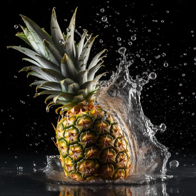 Vista di un ananas fresco spruzzato d'acqua su uno sfondo nero AI generativa