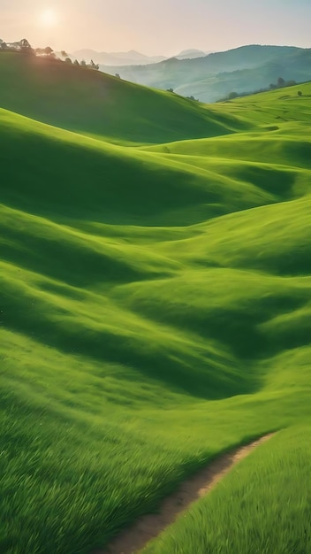 Vista di un campo primaverile verde con erba lussureggiante e luce solare con spazio di copia