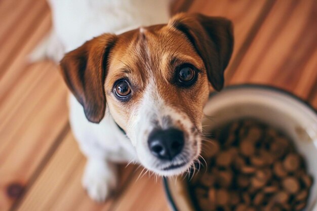 Vista di un cane adorabile con una ciotola di cibo