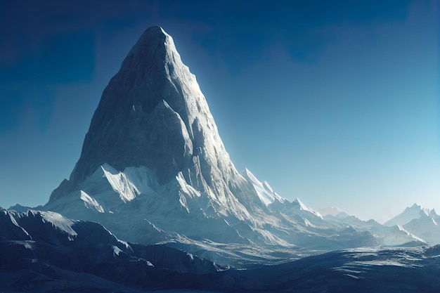 Vista di un'enorme montagna nella valle contro il cielo blu Illustrazione digitale