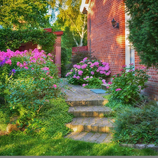 Vista di un ingresso con cespugli e piante Scale di pietra nel cortile circondato da piante e fiori tropicali Scale decorate con piccole piante e cespugli e una lampada appesa al muro del giardino