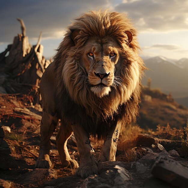 Vista di un leone 3D con sfondo naturale