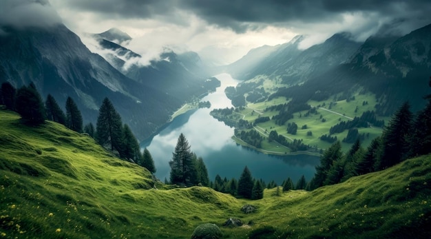 Vista di un paesaggio verde con alberi un lago e montagne in Svizzera