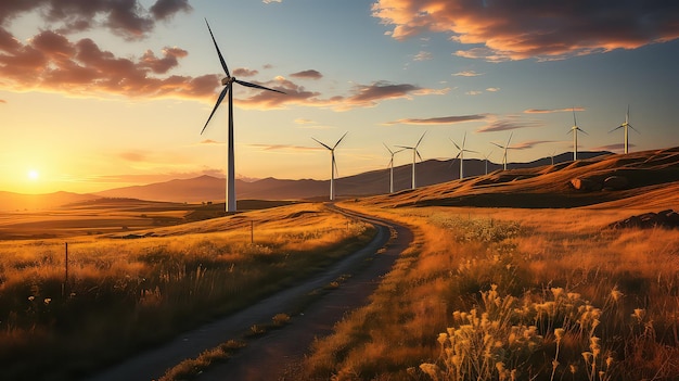 Vista di un parco eolico dinamico al tramonto energia sostenibile