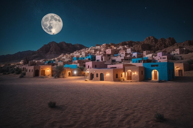 vista di un piccolo villaggio tradizionale mediorientale nel deserto di notte con un'atmosfera di Ramadan