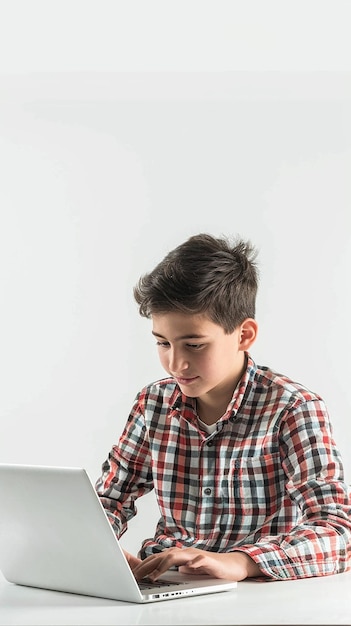 Vista di un ragazzo che usa un portatile sullo sfondo bianco