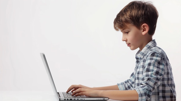 Vista di un ragazzo che usa un portatile sullo sfondo bianco