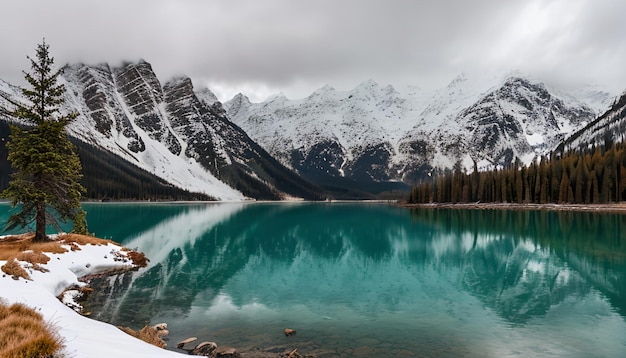 vista di un vecchio albero in un lago con le montagne coperte di neve in un giorno nuvoloso