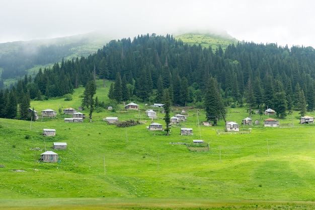 Vista di una baita di montagna in legno con le montagne sullo sfondo