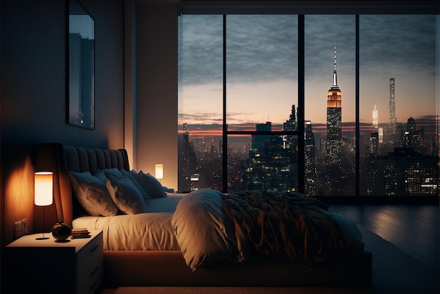 Vista di una camera da letto con letto e cielo notturno ai generativa