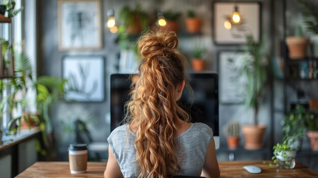 Vista di una donna che fa una pausa dal lavoro d'ufficio e medita in uno spazio di lavoro moderno a un tavolo con un computer e una tazza di caffè per andare Corporate wellness e concetti di sollievo dallo stress