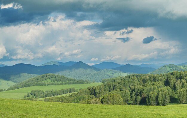 Vista di una giornata estiva in montagna prati verdi pendii e colline