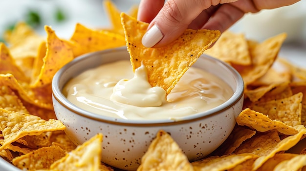 Vista di una mano di donna che immerge da vicino la deliziosa salsa di formaggio cheddar su nachos croccanti contro uno sfondo nebbioso AI generativa