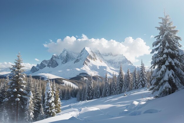 vista di una montagna innevata e alberi di abete sullo sfondo del cielo blu