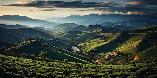 Vista di una piantagione di caffè della Colombia o del Brasile con piante di caffè in primo piano