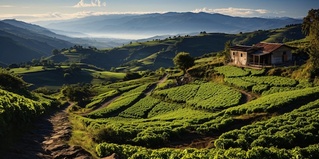 Vista di una piantagione di caffè della Colombia o del Brasile con piante di caffè in primo piano