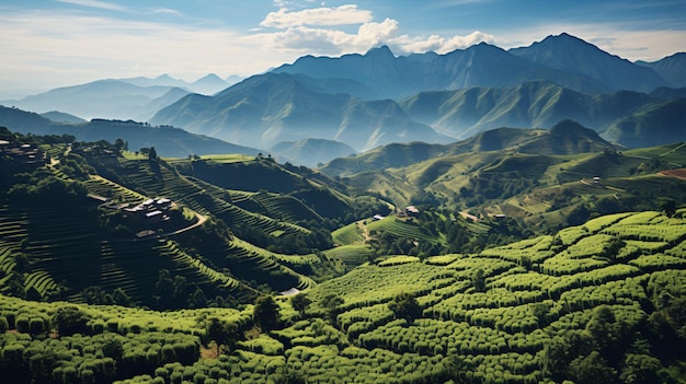 Vista di una piantagione di caffè della Colombia o del Brasile con piante di caffè in primo piano