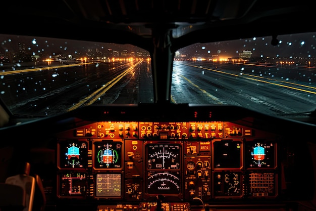 vista di una pista e di una città di notte dalla cabina di pilotaggio dell'aereo