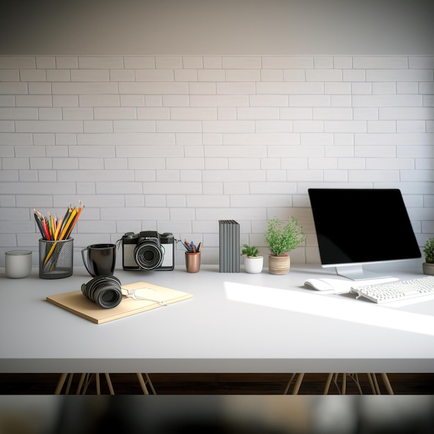 vista di una scrivania con accessori sul posto di lavoro minimalista IA generativa